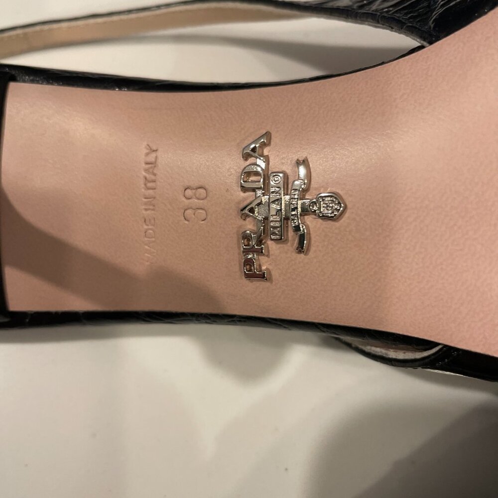 Prada Black Croc-Embossed Slingback Pointed Toe Heels with Button Accent - Picture 4 of 10